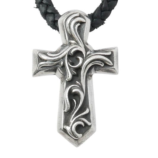 CHROME HEARTS クロムハーツ（原本無） VULCAN CROSS SM LB バルカンクロス スモール レザーブレード ネックレス ブラック系 シルバー系【中古】