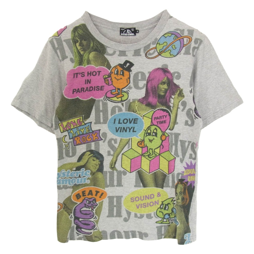 HYSTERIC GLAMOUR ヒステリックグラマー 02201CT02 HYS PARTY TIME 総柄 半袖 Tシャツ グレー系 S【中古】