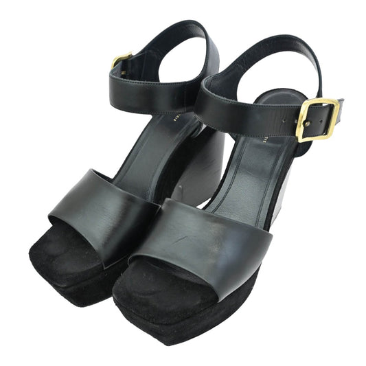 CELINE セリーヌ 317773CPZC Wedge Sandal アンクルストラップ ベルベット ウェッジ サンダル ブラック系 36.5【中古】