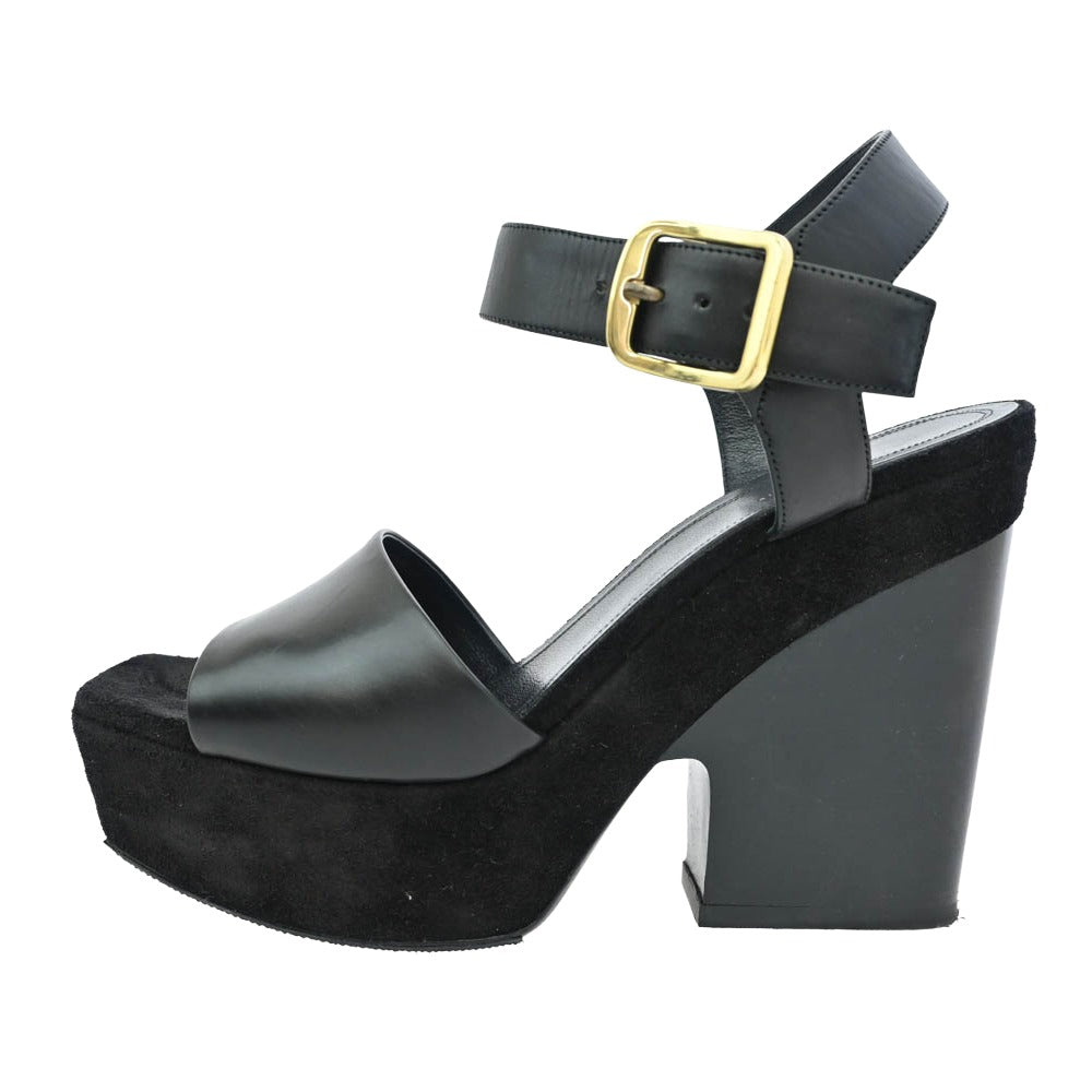 CELINE セリーヌ 317773CPZC Wedge Sandal アンクルストラップ ベルベット ウェッジ サンダル ブラック系 36.5【中古】