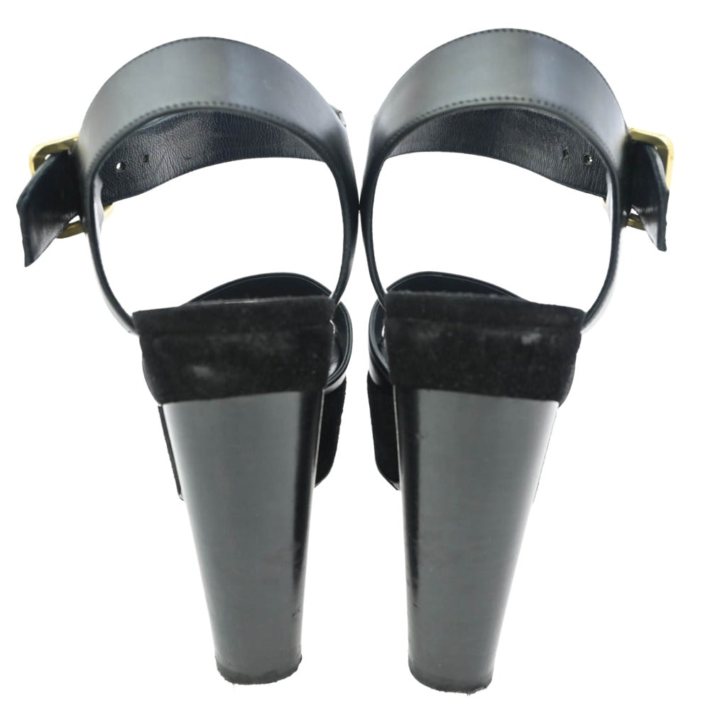 CELINE セリーヌ 317773CPZC Wedge Sandal アンクルストラップ ベルベット ウェッジ サンダル ブラック系 36.5【中古】
