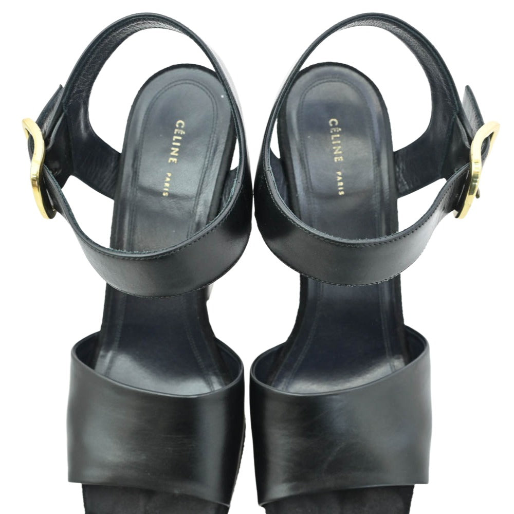CELINE セリーヌ 317773CPZC Wedge Sandal アンクルストラップ ベルベット ウェッジ サンダル ブラック系 36.5【中古】