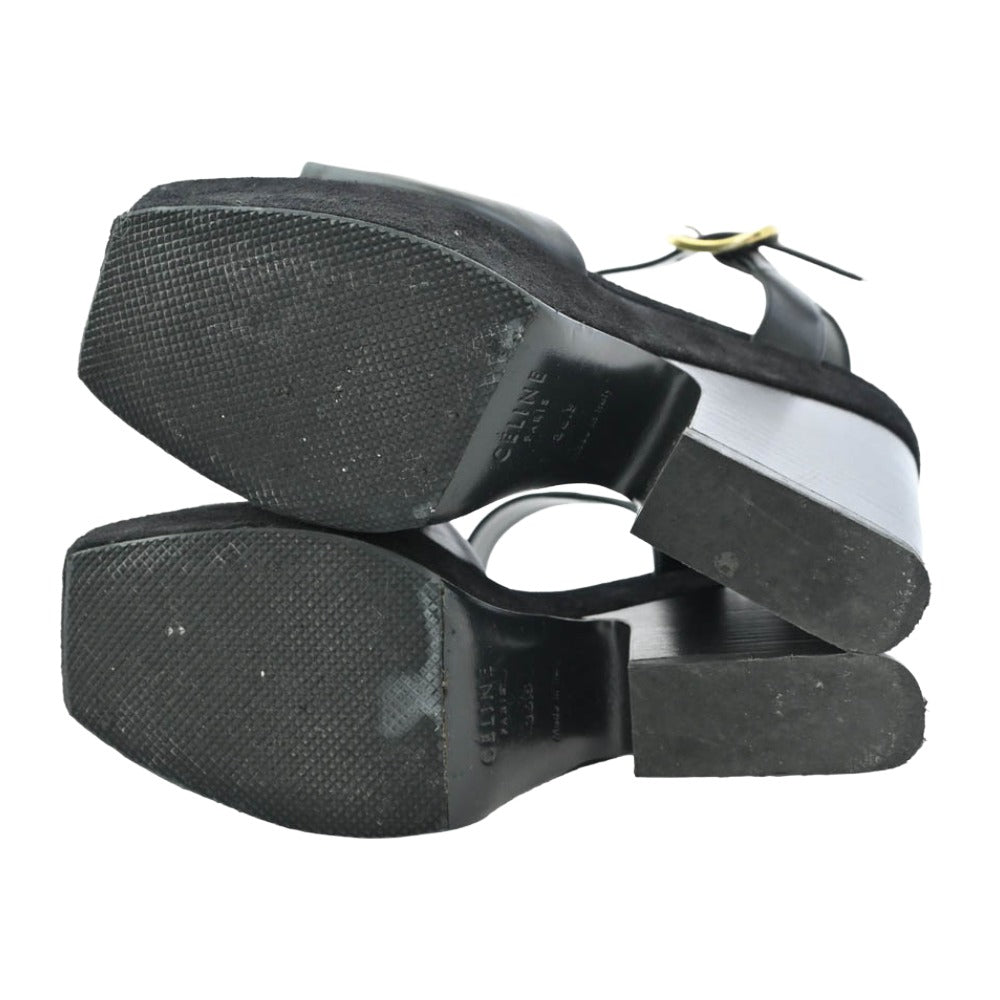 CELINE セリーヌ 317773CPZC Wedge Sandal アンクルストラップ ベルベット ウェッジ サンダル ブラック系 36.5【中古】