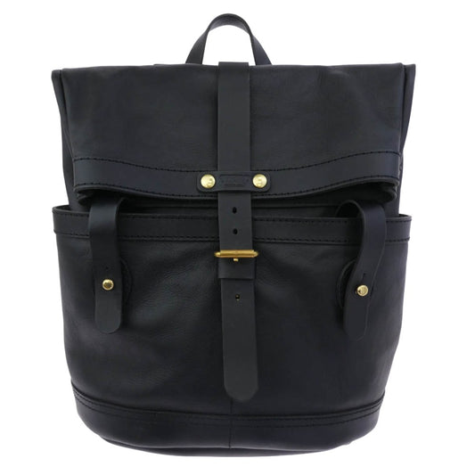 HERZ ヘルツ ダブルポケットのおじぎリュック オールレザー ロールアップ リュックサック バックパック Mサイズ ブラック系【中古】