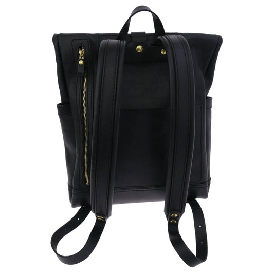 HERZ ヘルツ ダブルポケットのおじぎリュック オールレザー ロールアップ リュックサック バックパック Mサイズ ブラック系【中古】