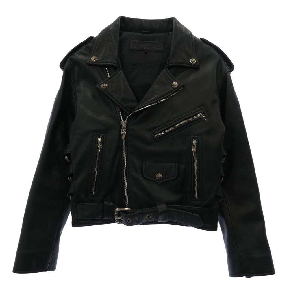 CHROME HEARTS クロムハーツ（原本無） JJ DEAN JJディーン スクロールサイドダブルバックル クロスボールボタン ダガージップ ローラーベルト レザー ライダース ジャケット ブラック系 S【中古】