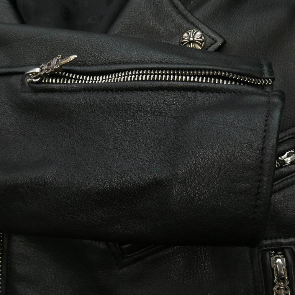 CHROME HEARTS クロムハーツ（原本無） JJ DEAN JJディーン スクロールサイドダブルバックル クロスボールボタン ダガージップ ローラーベルト レザー ライダース ジャケット ブラック系 S【中古】