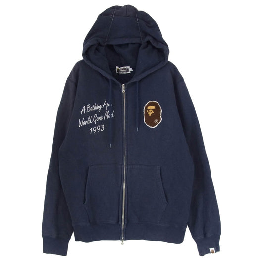 A BATHING APE アベイシングエイプ 001ZPE701007X ワッペン付き 裏起毛 ジップアップ フルジップ パーカー フーディー ネイビー系 L【中古】