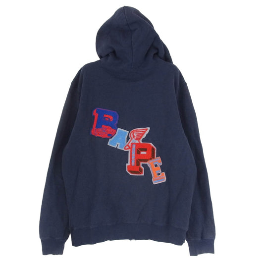 A BATHING APE アベイシングエイプ 001ZPE701007X ワッペン付き 裏起毛 ジップアップ フルジップ パーカー フーディー ネイビー系 L【中古】
