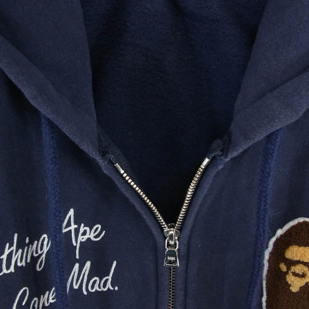 A BATHING APE アベイシングエイプ 001ZPE701007X ワッペン付き 裏起毛 ジップアップ フルジップ パーカー フーディー ネイビー系 L【中古】
