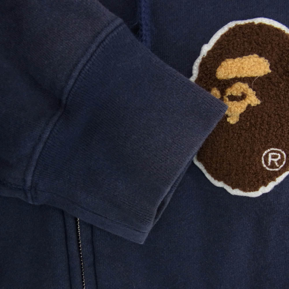 A BATHING APE アベイシングエイプ 001ZPE701007X ワッペン付き 裏起毛 ジップアップ フルジップ パーカー フーディー ネイビー系 L【中古】