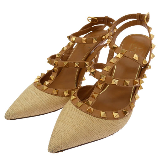 VALENTINO ヴァレンティノ ロックスタッズ ヒール パンプス シューズ ライトブラウン系 ベージュ系 37.5【中古】