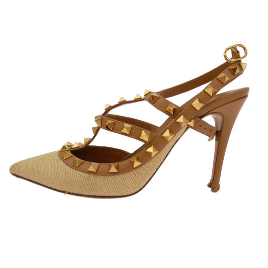 VALENTINO ヴァレンティノ ロックスタッズ ヒール パンプス シューズ ライトブラウン系 ベージュ系 37.5【中古】