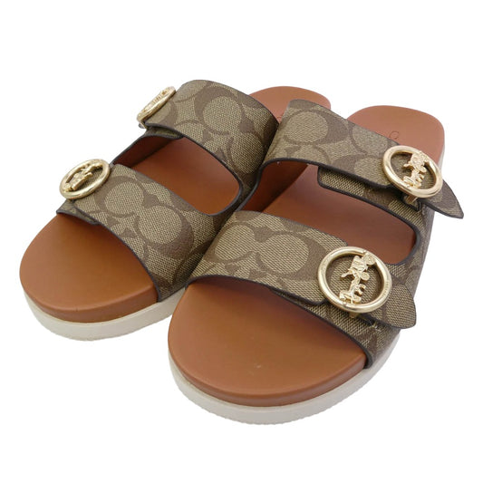COACH コーチ G5137 GABLE SIG SANDAL シグネチャー ベルト ストラップ レザー サンダル ブラウン系 8【中古】