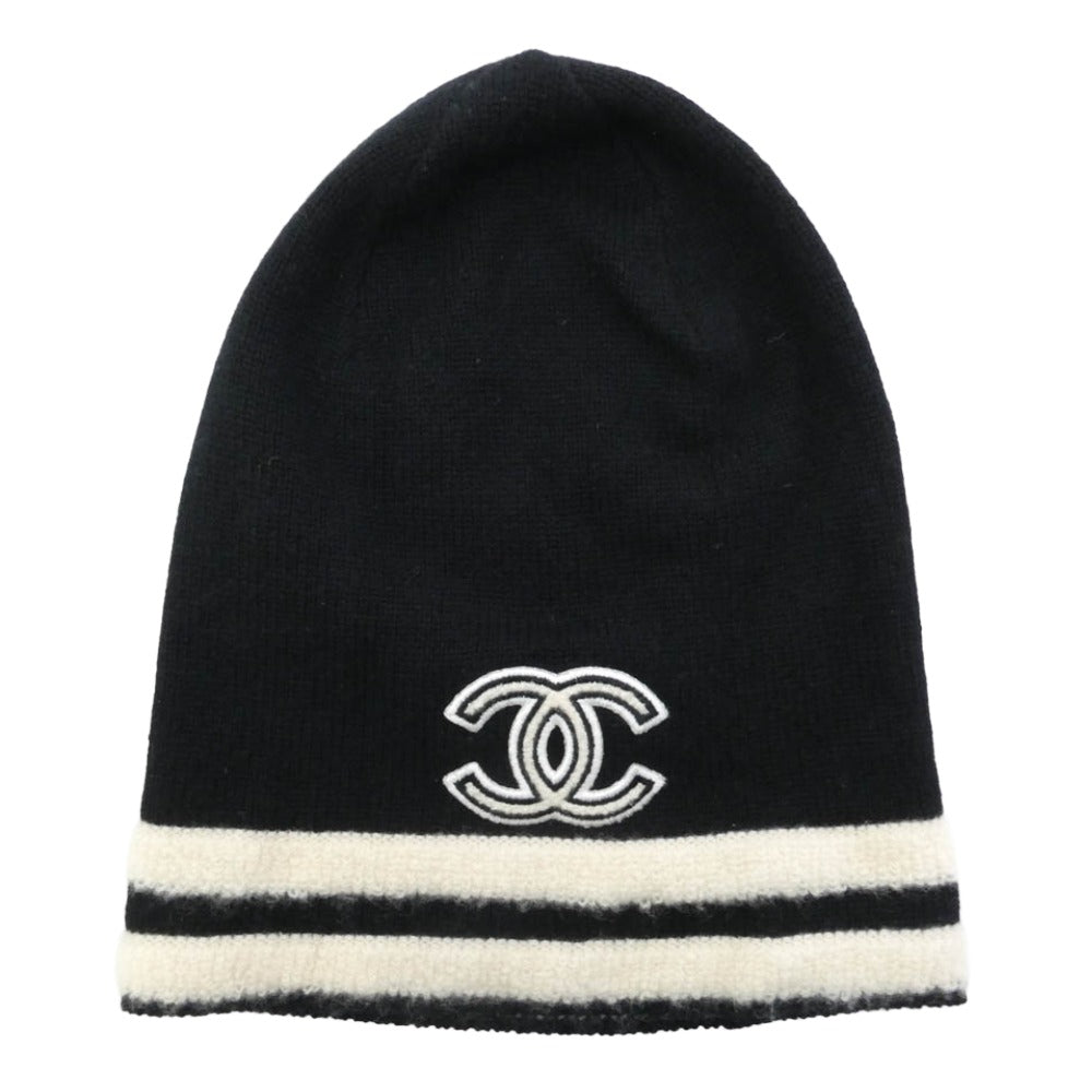 CHANEL シャネル ココマーク ロゴ カシミヤ ニット キャップ 帽子 ビーニー ブラック系【中古】