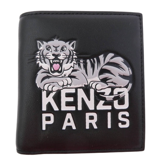 KENZO ケンゾー MINI FOLD WALLET レザー ミニ ウォレット 二つ折り財布 ブラック系【美品】【中古】