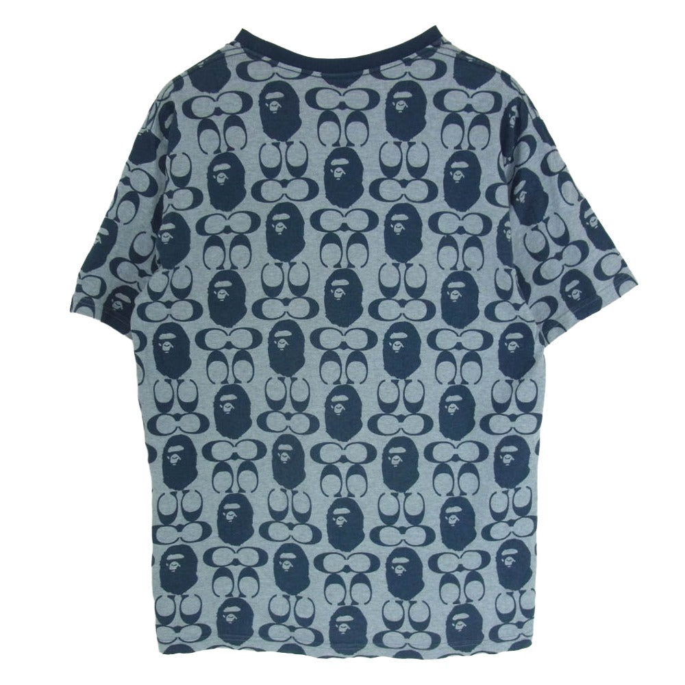 A BATHING APE アベイシングエイプ 21SS 001CSH731901C × COACH Signature Monkey Tee コーチ シグネチャー モンキー総柄 半袖 Tシャツ カットソー ネイビー系 L【中古】