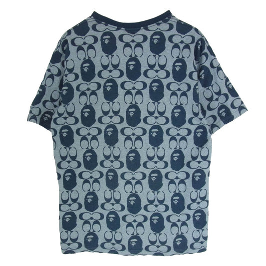 A BATHING APE アベイシングエイプ 21SS 001CSH731901C × COACH Signature Monkey Tee コーチ シグネチャー モンキー総柄 半袖 Tシャツ カットソー ネイビー系 L【中古】
