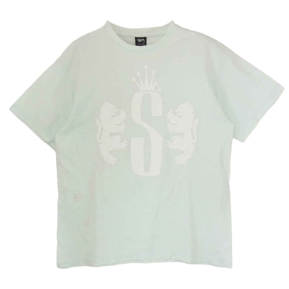 STUSSY ステューシー ライオン クラウンロゴ プリント 半袖 Tシャツ カットソー ライトグリーン系 L【中古】
