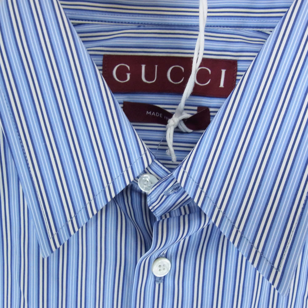 GUCCI グッチ 831951 Z7AQB GGロゴ刺繍 ストライプ柄 長袖シャツ ブルー系 15 1/2【美品】【中古】