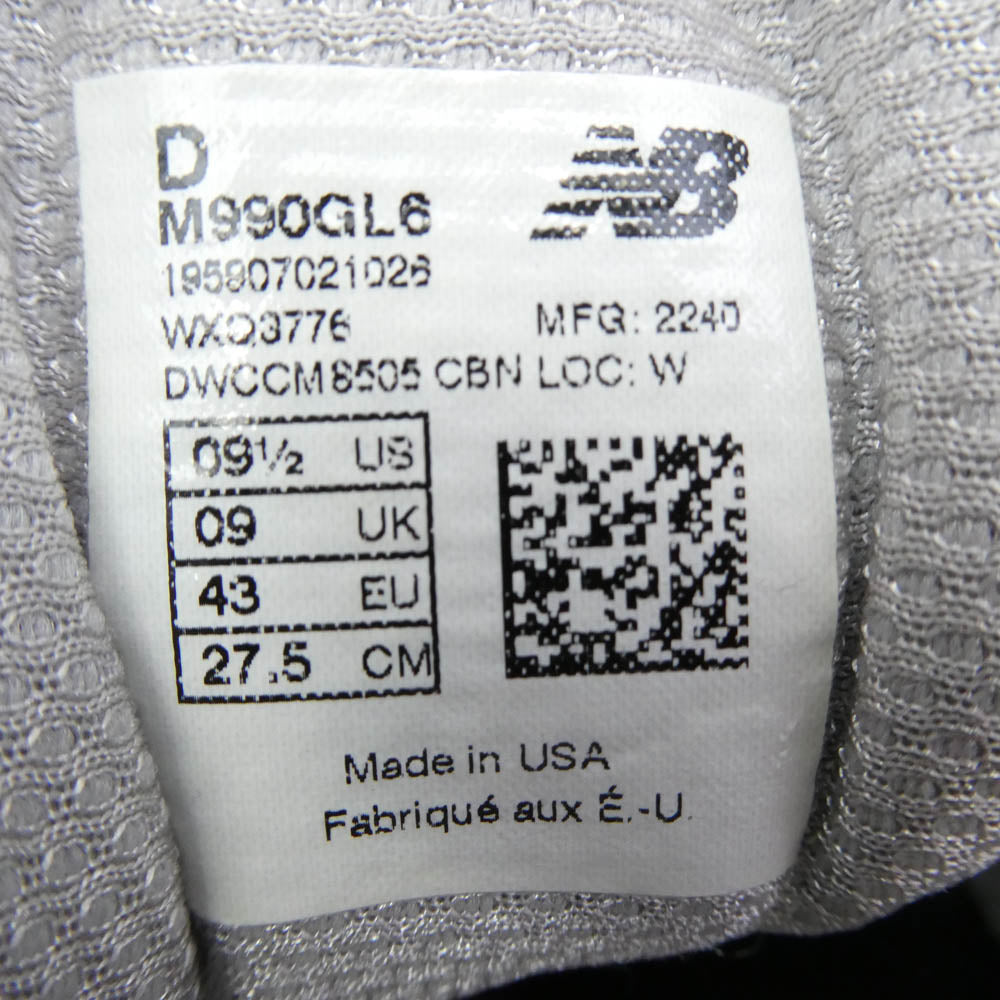 NEW BALANCE ニューバランス M990GL6 990V6 "Gray" Heel Logo NB グレーヒールロゴ ローカットスニーカー グレー系 27.5cm【中古】