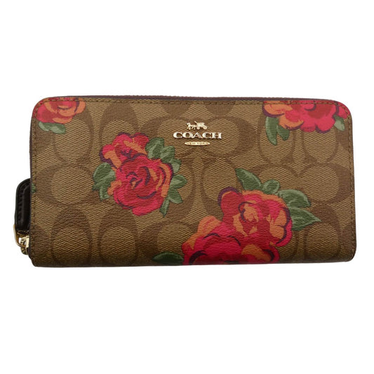COACH コーチ F39189 ラウンドジップ シグネチャーロゴ フローラル 長財布 レザー ウォレット ライトブラウン系【中古】