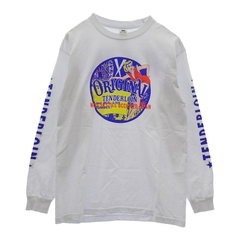 TENDERLOIN テンダーロイン TEE L/S CS サーカス 袖プリント 長袖 Tシャツ カットソー PRO CLUBボディ ホワイト系 L【中古】