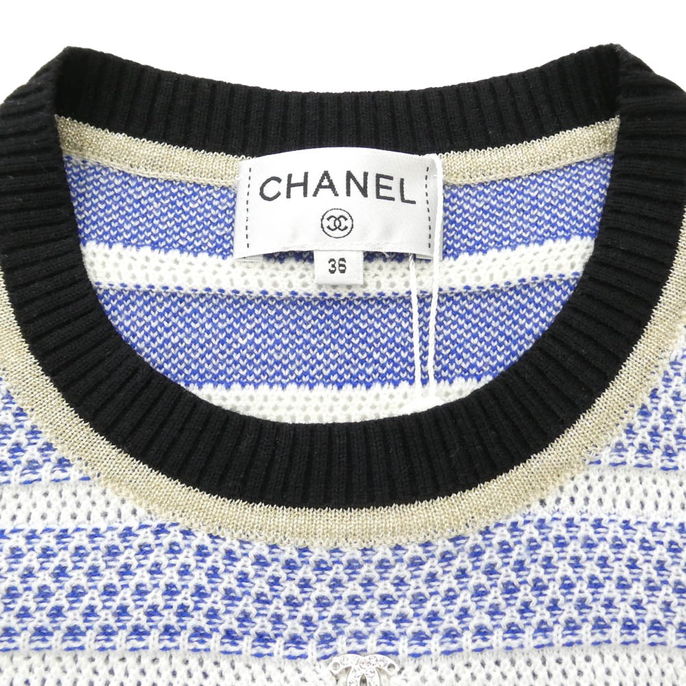 CHANEL シャネル P70375K10017 NB041 イタリア製 カシミヤ ウール ストライプ柄 スモール スパンコール ニット 半袖 ワンピース ブルー系 ホワイト系 36【極上美品】【中古】