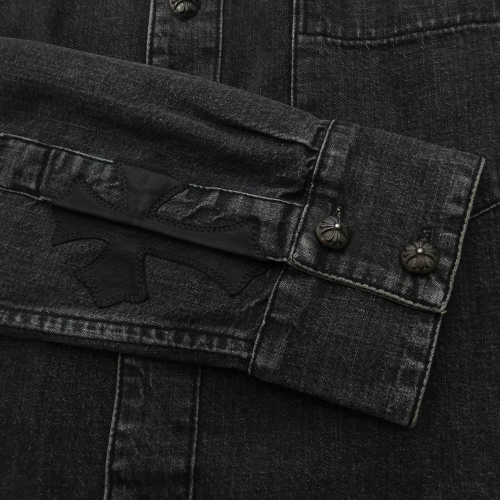 CHROME HEARTS クロムハーツ（原本無） DENIM LOOSEEND 袖レザークロスパッチ クロスボールボタン ルーズエンド 長袖 デニムシャツ ダークグレー系 S【中古】