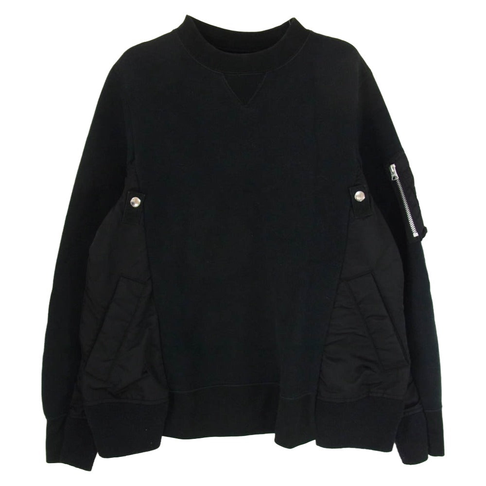 Sacai サカイ SCM-032 Sponge Sweat MA-1 Pullover 異素材ドッキング クルーネック スウェット トレーナー ブラック系 1【中古】