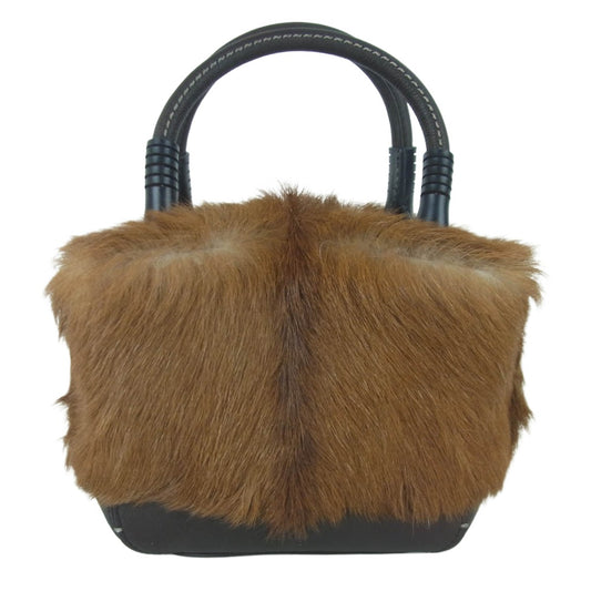 genten ゲンテン 44826-56 ギャランティ付属 ゴートファー レザー切替 ハンド バッグ ブラウン系【中古】