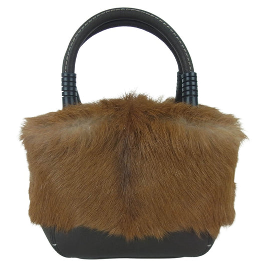 genten ゲンテン 44826-56 ギャランティ付属 ゴートファー レザー切替 ハンド バッグ ブラウン系【中古】