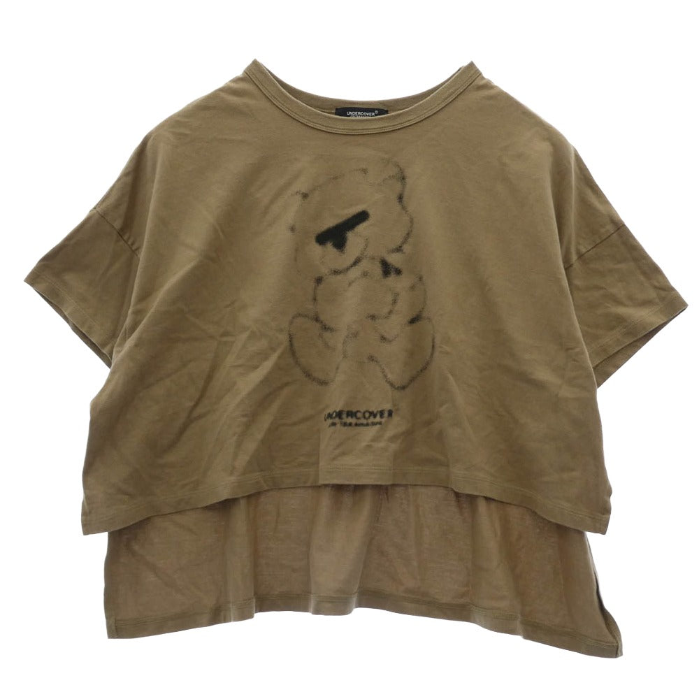 UNDERCOVER アンダーカバー UC1D8805-2 目隠しベア フロントショート丈 プリント コットン ワイド Tシャツ カーキ系 2【中古】