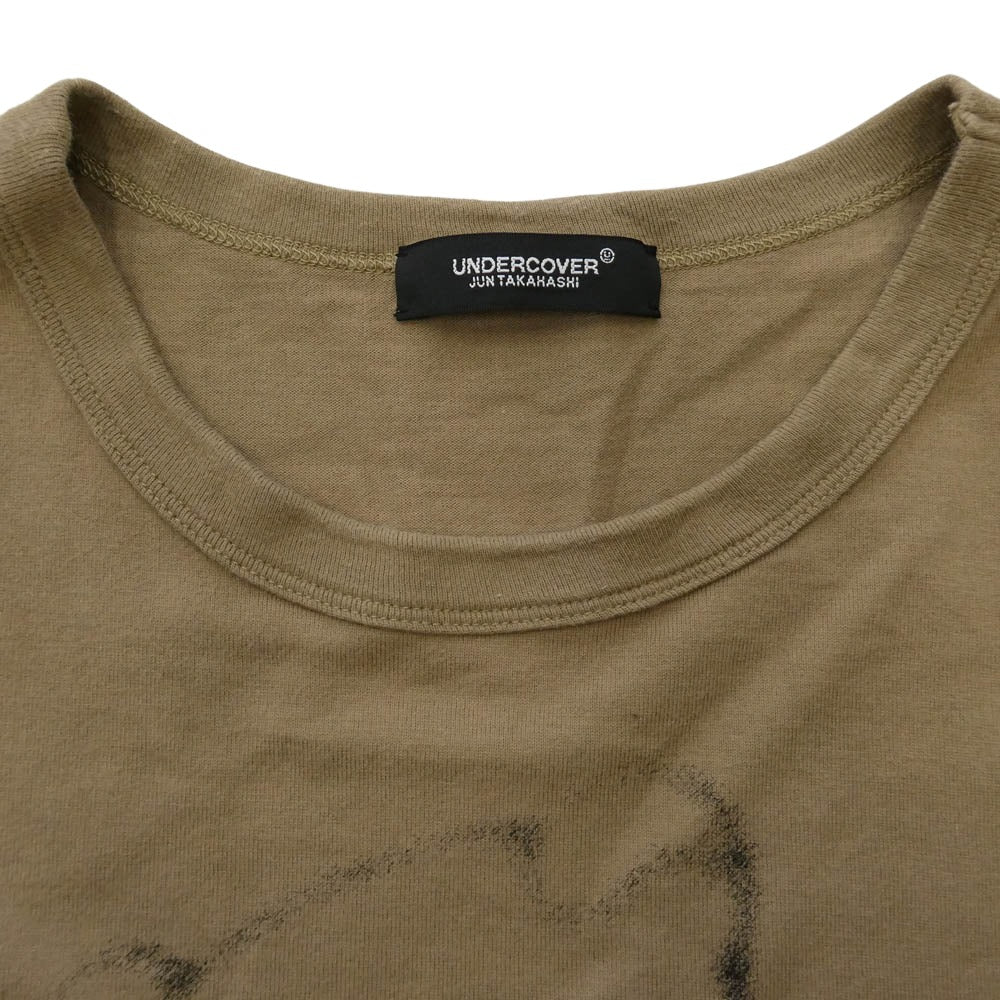 UNDERCOVER アンダーカバー UC1D8805-2 目隠しベア フロントショート丈 プリント コットン ワイド Tシャツ カーキ系 2【中古】