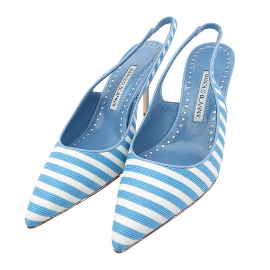 マノロ ブラニク Allurafia ボーダー ポインテッドトゥ パンプス ライトブルー系 35【美品】【中古】