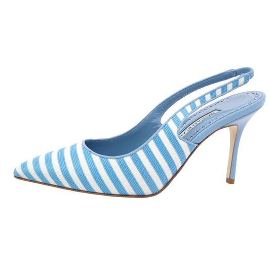 マノロ ブラニク Allurafia ボーダー ポインテッドトゥ パンプス ライトブルー系 35【美品】【中古】