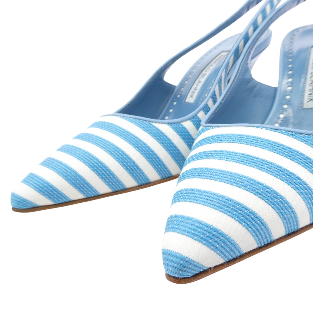マノロ ブラニク Allurafia ボーダー ポインテッドトゥ パンプス ライトブルー系 35【美品】【中古】