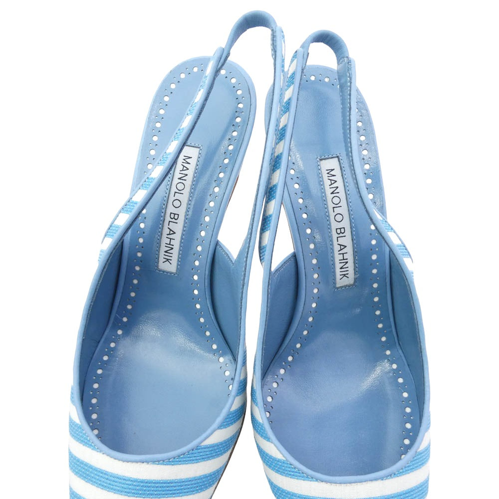 マノロ ブラニク Allurafia ボーダー ポインテッドトゥ パンプス ライトブルー系 35【美品】【中古】