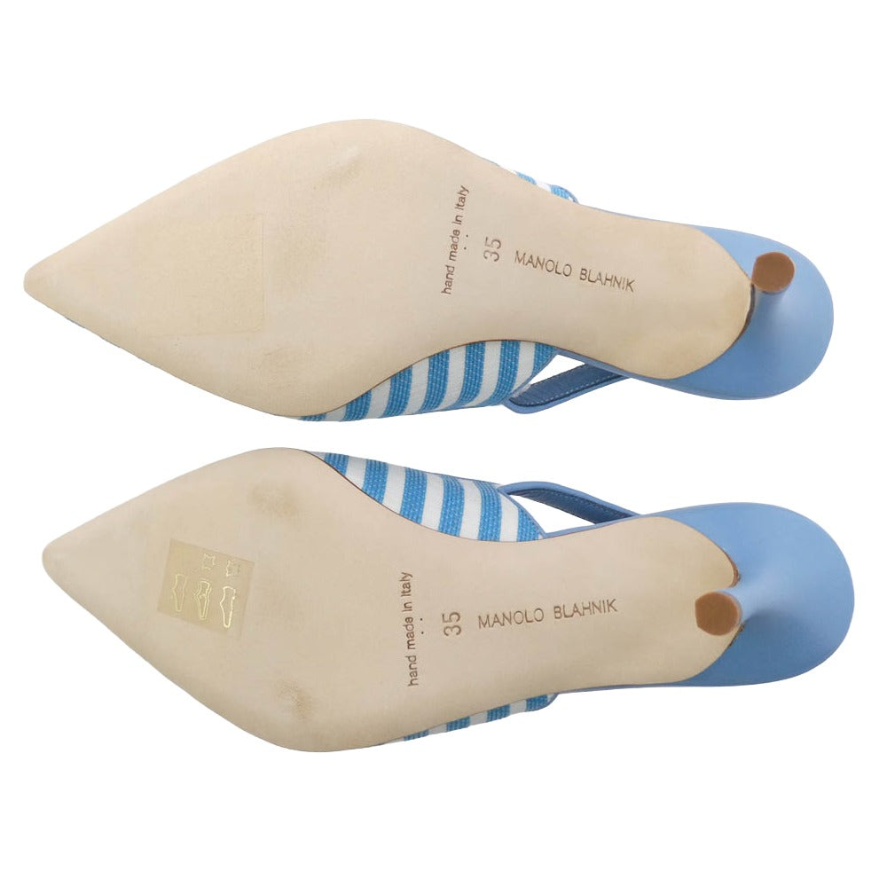 マノロ ブラニク Allurafia ボーダー ポインテッドトゥ パンプス ライトブルー系 35【美品】【中古】