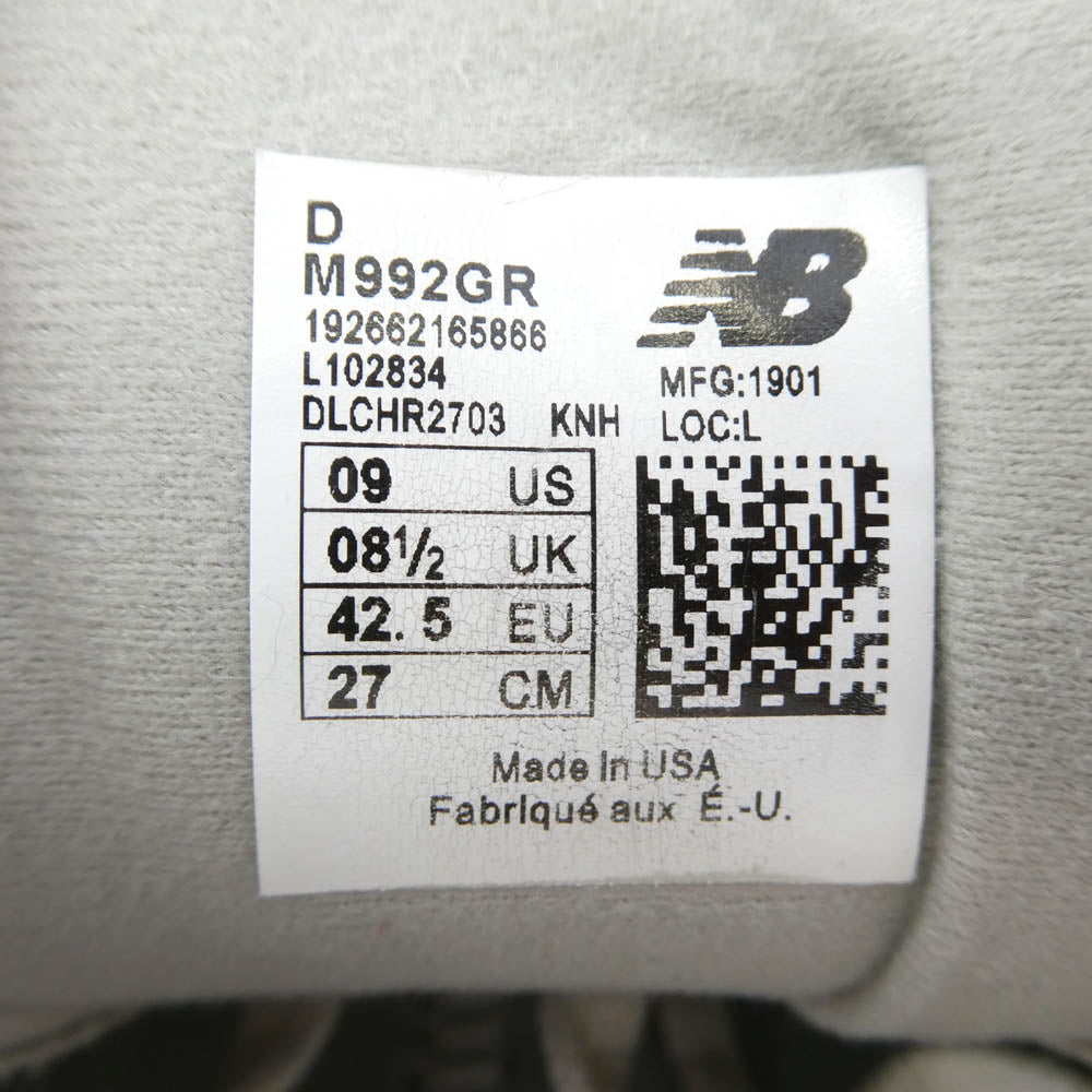 NEW BALANCE ニューバランス M992GR 992 Gray スエード切替 ローカットスニーカー グレー系 27cm【中古】