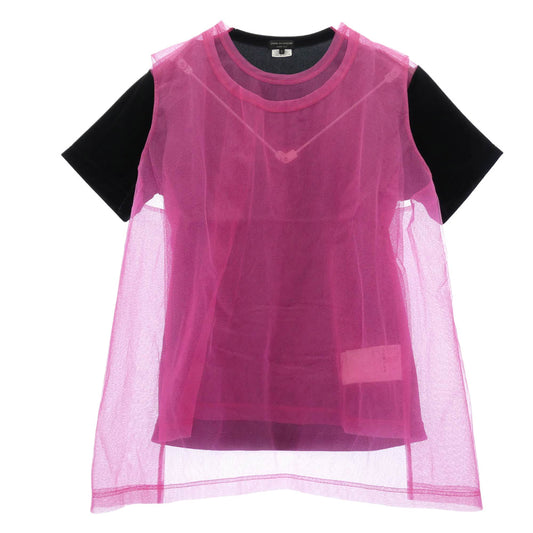 COMME des GARCONS HOMME PLUS コムデギャルソンオムプリュス 25SS PO-T028 ベロア メッシュ 切替 チュール レイヤード 半袖 Tシャツ ピンク系 ブラック系 L【中古】
