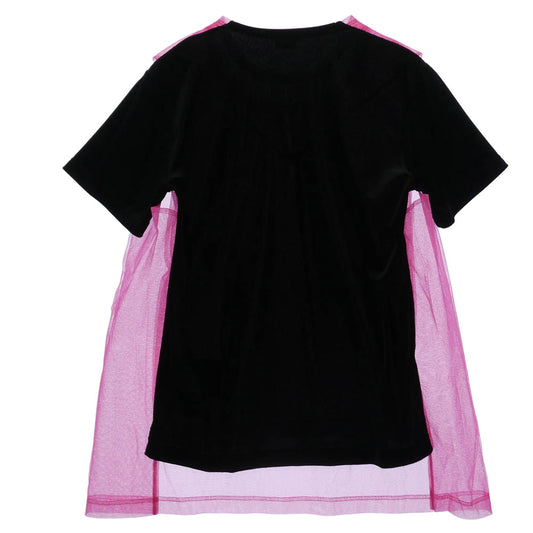 COMME des GARCONS HOMME PLUS コムデギャルソンオムプリュス 25SS PO-T028 ベロア メッシュ 切替 チュール レイヤード 半袖 Tシャツ ピンク系 ブラック系 L【中古】