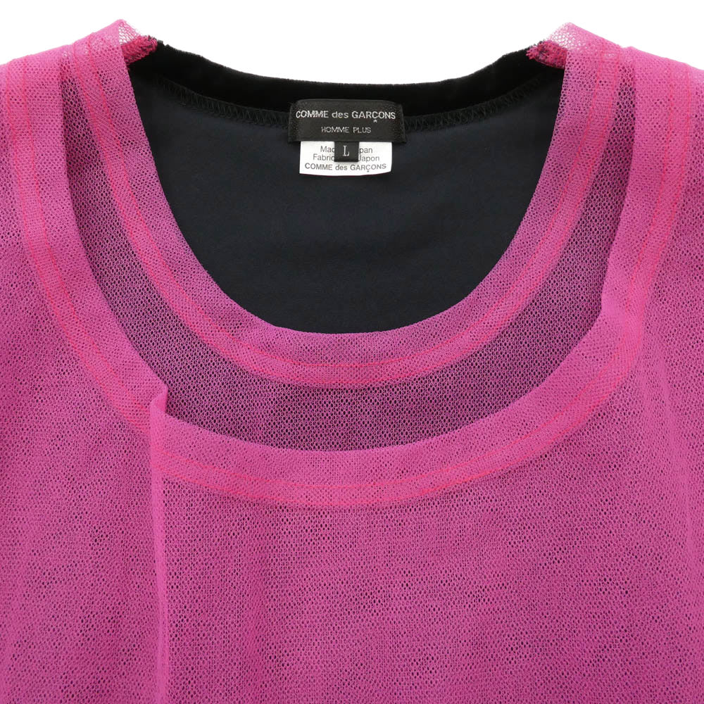 COMME des GARCONS HOMME PLUS コムデギャルソンオムプリュス 25SS PO-T028 ベロア メッシュ 切替 チュール レイヤード 半袖 Tシャツ ピンク系 ブラック系 L【中古】
