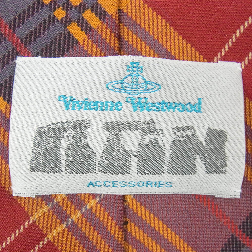 Vivienne WestwoodMAN ヴィヴィアンウエストウッドマン オーブ刺繍 ウール バイアスチェック ネクタイ エンジ系【中古】
