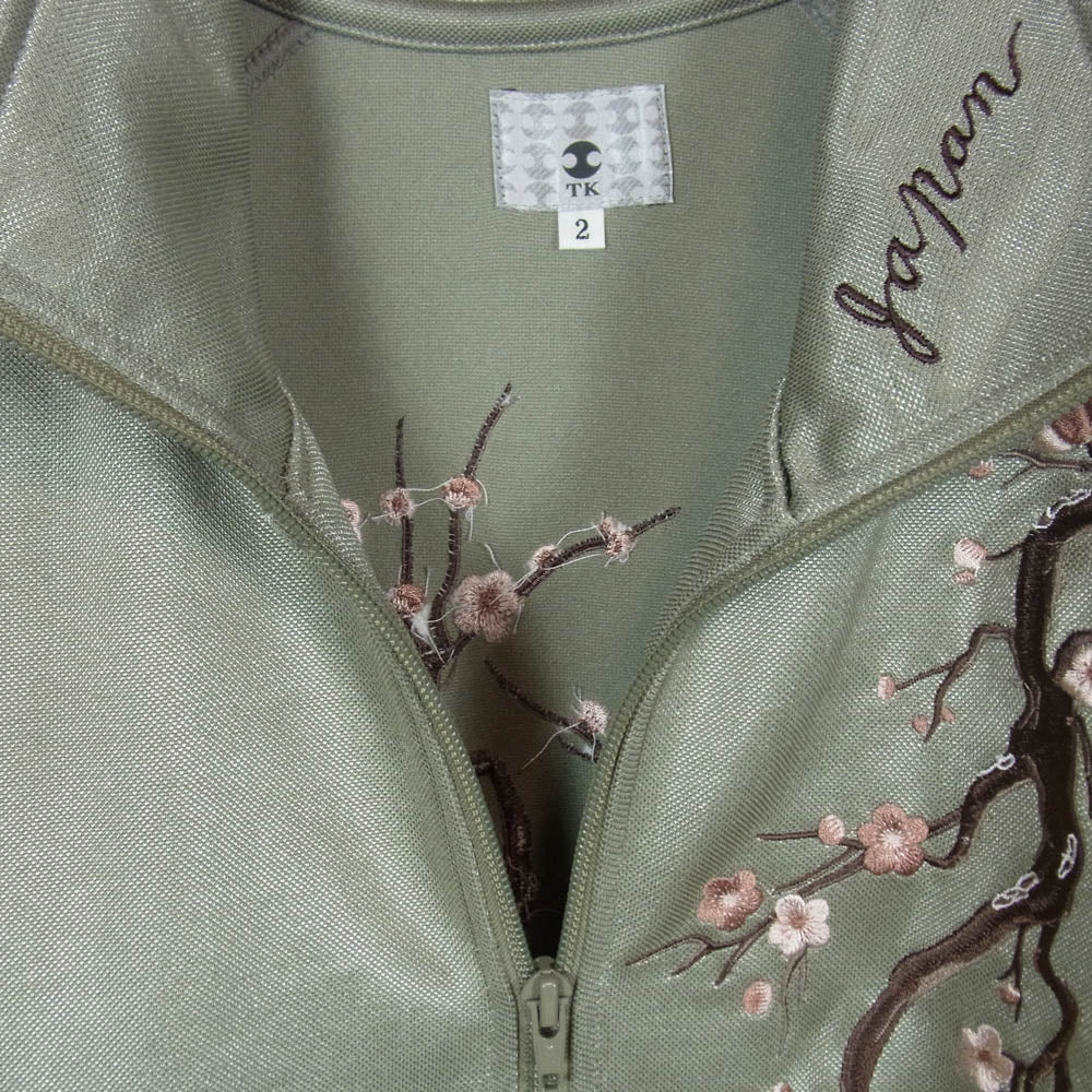 TAKEO KIKUCHI タケオキクチ 170-38140 チェリーブロッサム エンブロイダリー 桜刺繍 サイドライン トラックジャケット ジャージ モスグリーン系 2【美品】【中古】