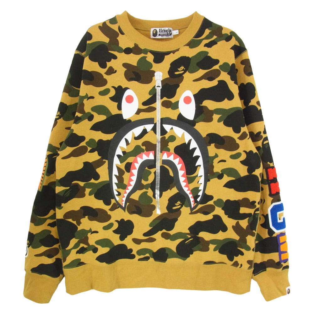 A BATHING APE アベイシングエイプ 1ST CAMO SHARK CREWNECK ファーストカモ シャーク クルーネック スウェット ショルダー WGM ワッペン イエローカモ ブラウン系 L【中古】