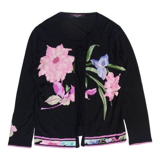 レオナール シルク混 花柄 ビジュー クルーネック カーディガン ブラック系 LL【中古】
