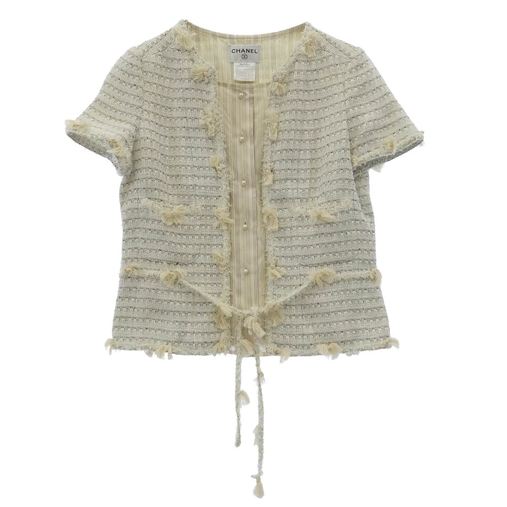 CHANEL シャネル P24960W03484 05C Collarless Single Breasted Tweed Jacket ノーカラー シングル ブレスト ツイード 半袖 ジャケット ホワイト系 ベージュ系 42【中古】