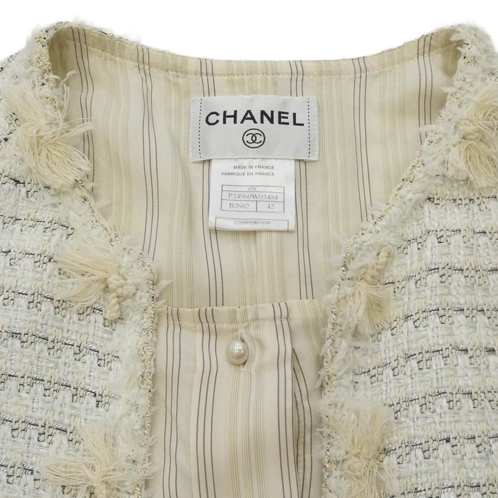 CHANEL シャネル P24960W03484 05C Collarless Single Breasted Tweed Jacket ノーカラー シングル ブレスト ツイード 半袖 ジャケット ホワイト系 ベージュ系 42【中古】