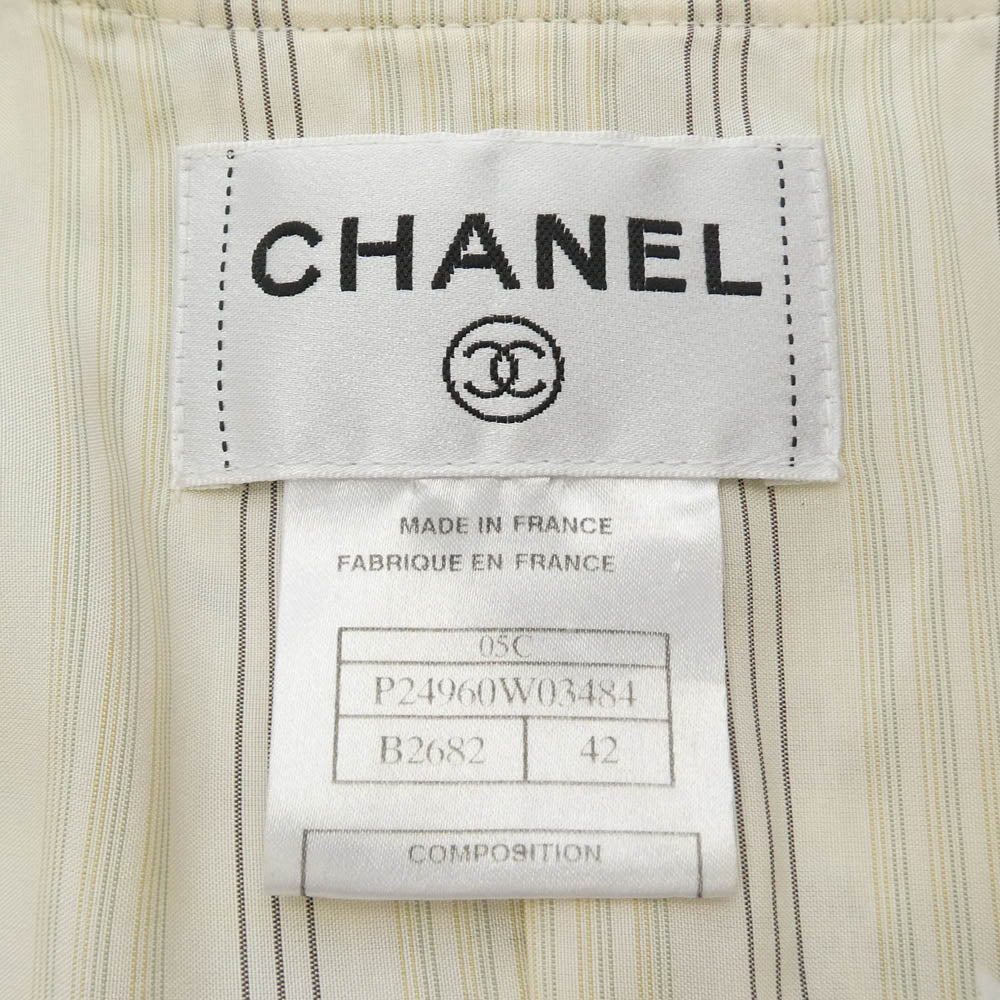 CHANEL シャネル P24960W03484 05C Collarless Single Breasted Tweed Jacket ノーカラー シングル ブレスト ツイード 半袖 ジャケット ホワイト系 ベージュ系 42【中古】